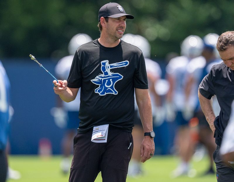 Indianapolis Colts head coach Shane Steichen swings his whistle Wednesday, June 10, 2026, as he watches the quarterbacks during minicamp at Indiana Farm Bureau Football Center in Indianapolis.