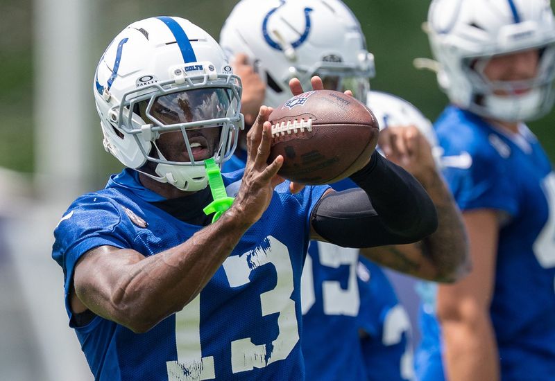 Indianapolis Colts wide receiver Laquon Treadwell (13) pulls in a catch Wednesday, June 10, 2026, during minicamp at Indiana Farm Bureau Football Center in Indianapolis.