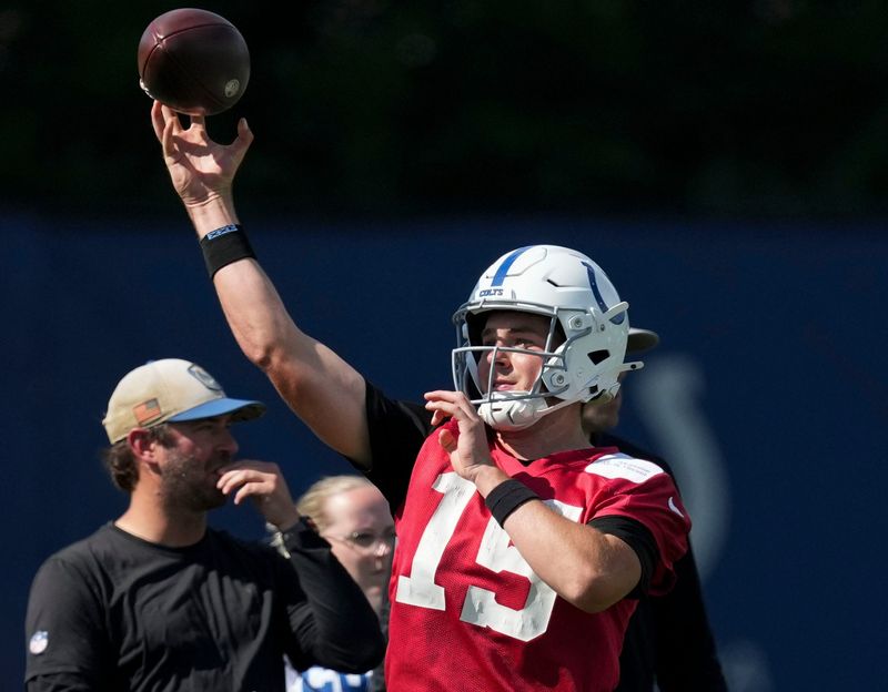 Indianapolis Colts quarterback Riley Leonard (15) throws during the teamâ€™s veteran minicamp Thursday, June 11, 2026, at the Indiana Farm Bureau Football Center in Indianapolis.