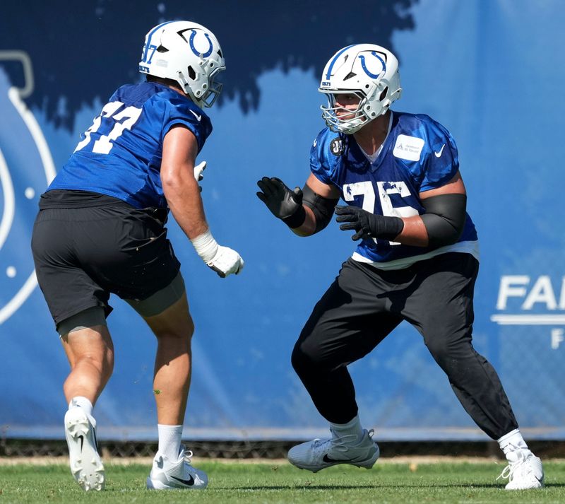 Indianapolis Colts offensive tackle Luke Tenuta (67) and offensive tackle Jalen Travis (75) pratice during the teamâ€™s minicamp Thursday, June 11, 2026, at the Indiana Farm Bureau Football Center in Indianapolis.