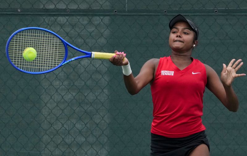Munster’s Priyanka Tallamraju competes in the IHSAA girl’s tennis singles state championship Saturday, June 13, 2026, at Park Tudor School in Indianapolis.