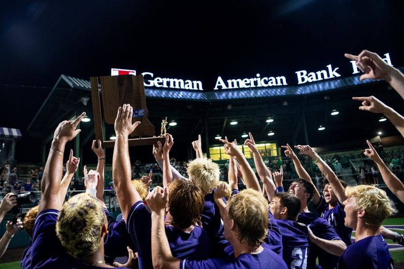 The Bloomington South Panthers celebrate their victory over the North Huskies during the 2026 IHSAA Class 4A Baseball semi-state championship game in Evansville, Ind., Saturday, June 13, 2026.