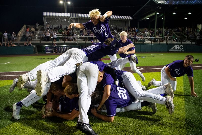 The Bloomington South Panthers celebrate their victory over the North Huskies during the 2026 IHSAA Class 4A Baseball semi-state championship game in Evansville, Ind., Saturday, June 13, 2026.