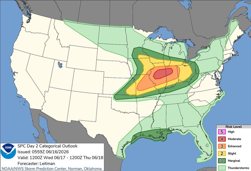 A severe weather outlook map issued by NOAA shows what areas of the United States are at risk for damaging winds, large hail and the possibility of tornadoes June 17, 2026. Both Illinois and Indiana, forecasters warn, have the potential for dangerous thunderstorms.