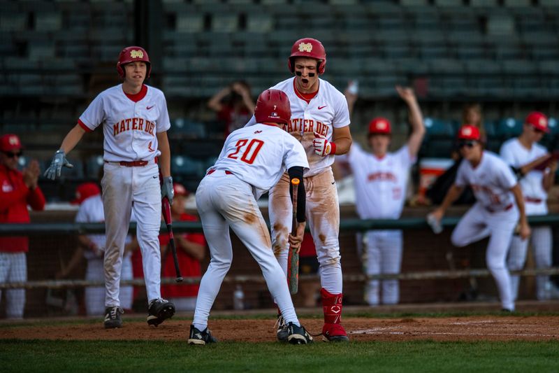 Mater Dei's Dylan Murphy (1) celebrates at home plate as the Mater Dei Wildcats host the Vincennes Lincoln Alices at Bosse Field in Evansville, Ind., Tuesday, April 21, 2026.