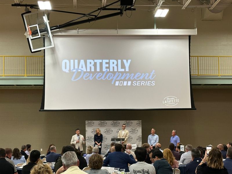 Utility company leaders speak before members of the Greater Lafayette Commerce during the organization's quarterly development series.