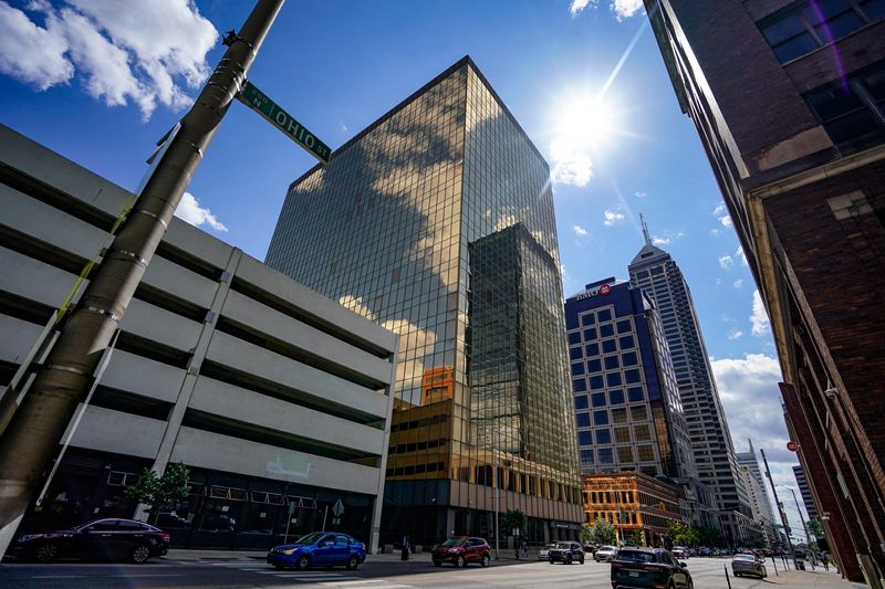 Sun reflects a gold tint from the Market Square Center building on Tuesday, June 16, 2026, in Indianapolis. The building is known locally as the “gold building.”