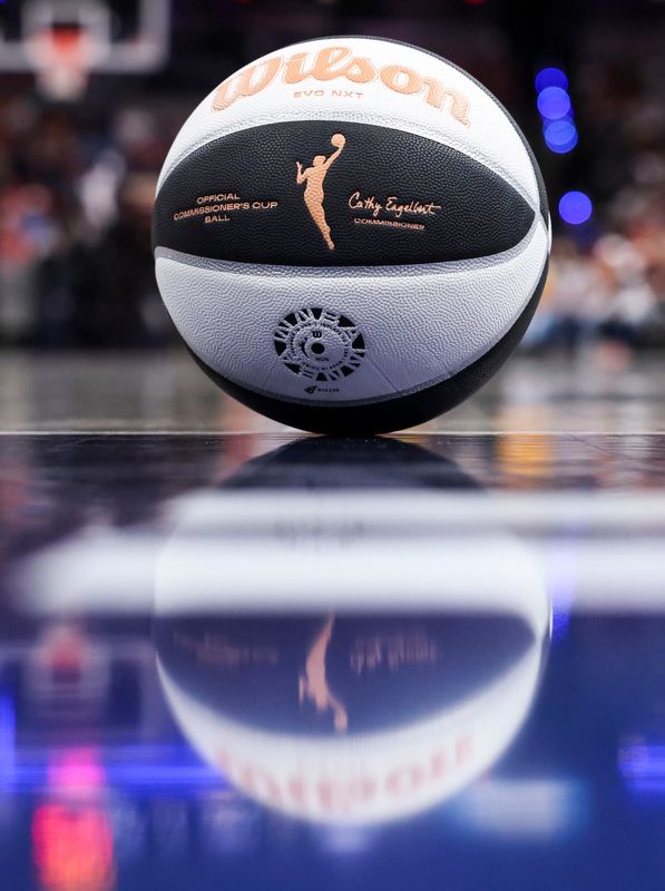 The ball sits Tuesday, June 16, 2026, during the second half of a game at Gainbridge Fieldhouse in Indianapolis. The Indiana Fever defeated the Toronto Tempo, 113-91.