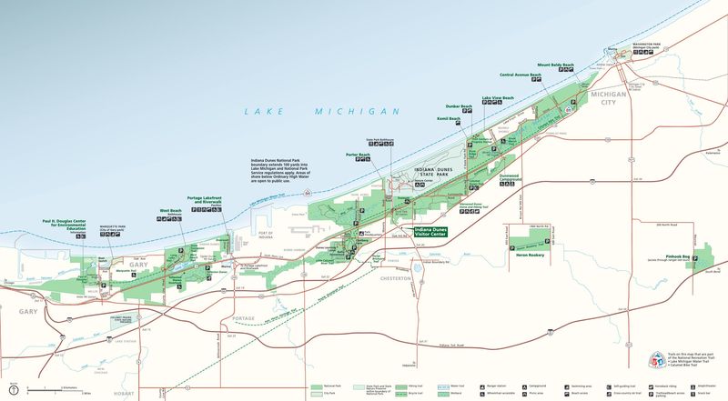 Indiana's 45 miles of shoreline is home to both a state park, spanning more than 2,000 acres, and a national park, which stretches across Lake Michigan's southern shore for 15 miles and covers more than 15,000 acres of forest, dunes, marshes and savannah.