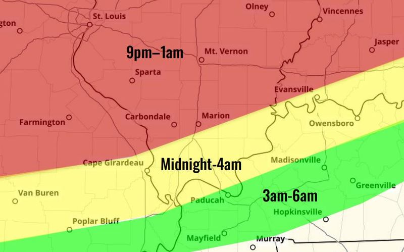 A graphic from the Paducah, Kentucky office of the National Weather Service shows the timing for potential severe weather in the area Wednesday night into Thursday morning.
