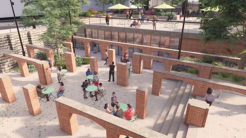 Photo renderings show plans to revamp Whistler Plaza, on the west side of the historic City Market site, by partially exposing the catacombs beneath Tomlinson Hall after it's demolished in summer 2026. The unique public space is set to reopen by the end of 2027.