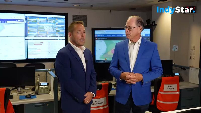 Gov. Mike Braun and IDHS Executive Director Jonathan Whitman update the public on Wednesday's storms from inside the emergency weather center.