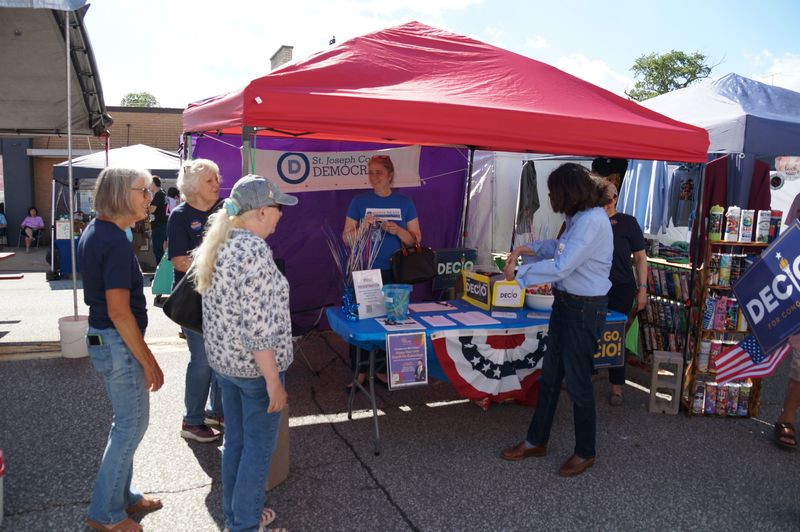 The St. Joseph County Democrats' booth at the Potato Creek and Lions Strawberry Festival in North Liberty Friday, June 12, 2026.