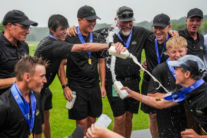 Westfield celebrates Wednesday, June 17, 2026, after winning the IHSAA boys golf state finals at Prairie View Golf Club in Carmel.