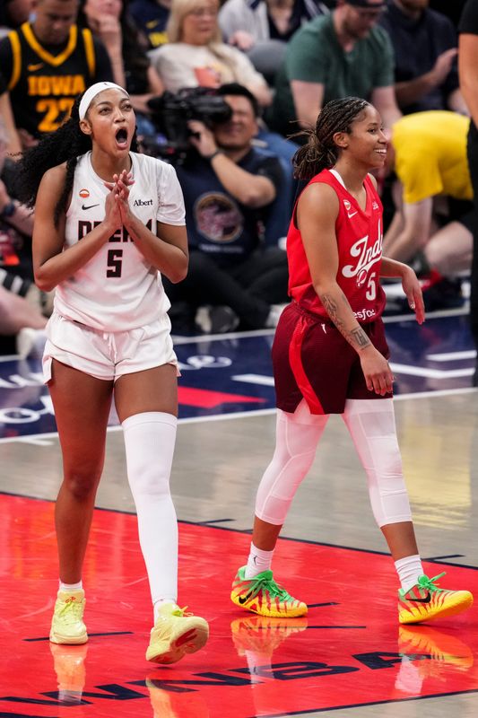 Atlanta Dream forward Angel Reese (5) celebrates Thursday, June 18, 2026, after winning a game at Gainbridge Fieldhouse in Indianapolis. The Atlanta Dream defeated the Indiana Fever, 108-101.