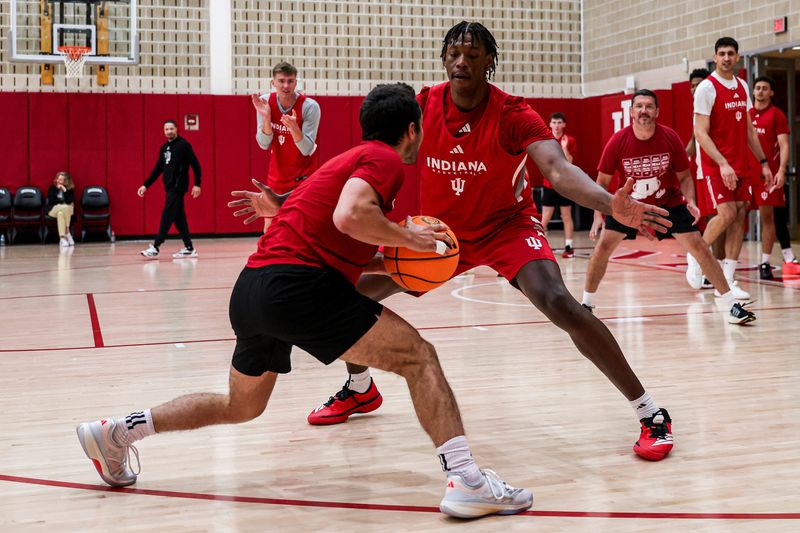Indiana basketball forward Aiden Sherrell defends a ball-handler during practice at Cook Hall on Thursday, June 18, 2026.