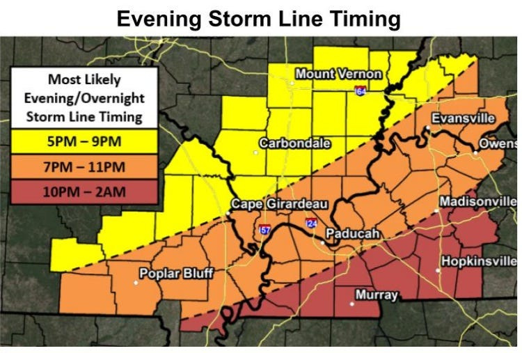 A map outlining the expected arrival times for severe weather in the Tri-State on Sunday, June 21, 2026.