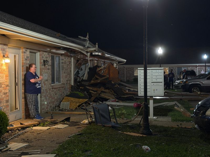 Damage is shown at Park Place Apartments following severe weather in Newburgh, Indiana, on June 21, 2026.