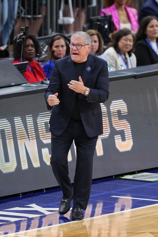 Apr 3, 2026; Phoenix, AZ, USA; UConn Huskies head coach Geno Auriemma reacts in the second half against the South Carolina Gamecocks during a semifinal of the Final Four of the women's 2026 NCAA Tournament at Mortgage Matchup Center. Mandatory Credit: Joe Camporeale-Imagn Images