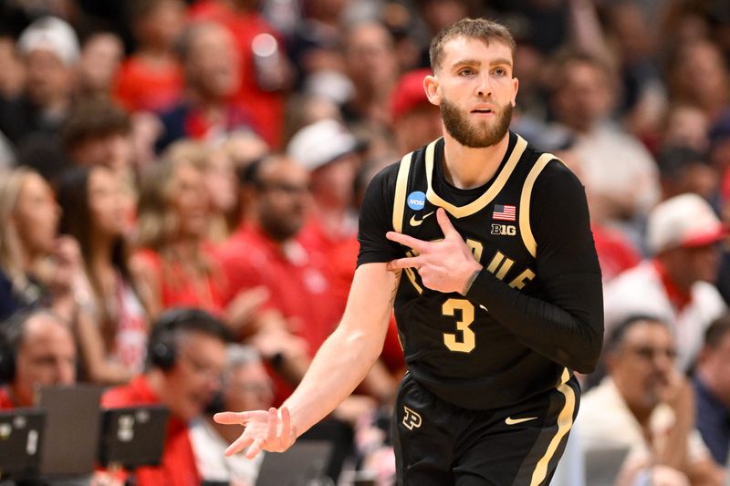 Mar 28, 2026; San Jose, CA, USA; Purdue Boilermakers guard Braden Smith (3) reacts in the first half during an Elite Eight game against the Arizona Wildcats of the West Regional of the men's 2026 NCAA Tournament at SAP Center. Mandatory Credit: Eakin Howard-Imagn Images
