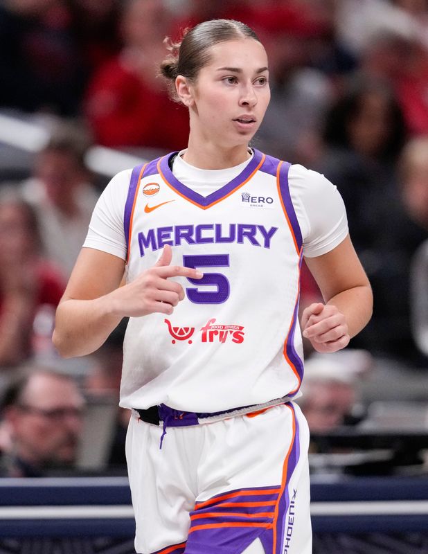 Phoenix Mercury guard Shay Ciezki (5) walks up the court Monday, June 22, 2026, during the game at Gainbridge Fieldhouse in Indianapolis. The Indiana Fever defeated the Phoenix Mercury, 86-77.
