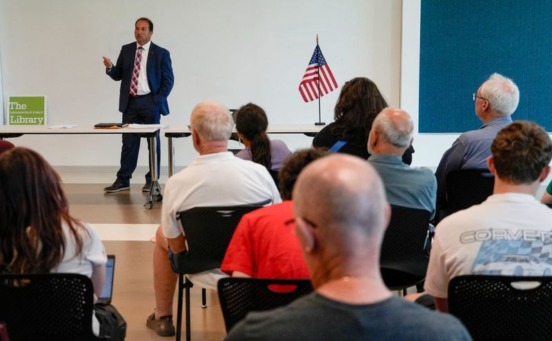 Rep. J.D. Prescott speaks during a town hall meeting Tuesday, June 23, 2026, at the Glendale Public Library in Indianapolis.