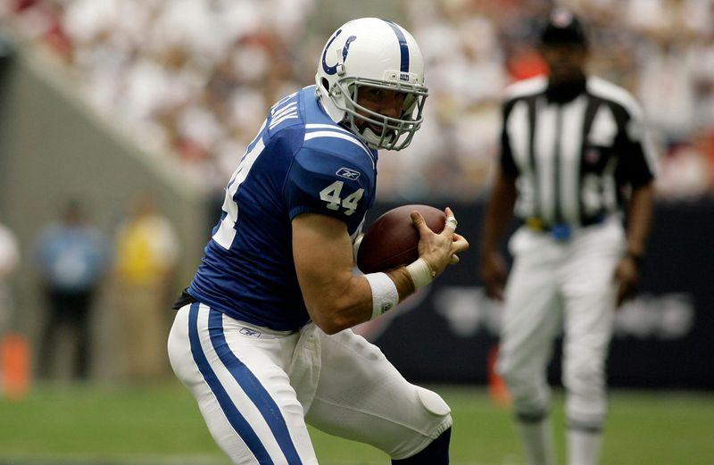 Sept 12, 2010; Houston, TX, USA; Indianapolis Colts tight end Dallas Clark (44) catches a pass against the Houston Texans in the second quarter at Reliant Stadium. Mandatory Credit: Brett Davis-USA TODAY Sports