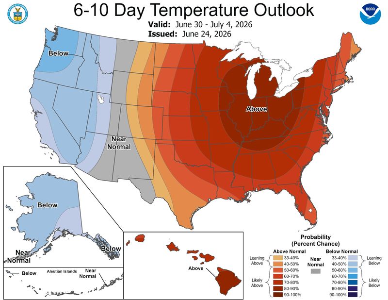 A NOAA Climate Prediction Center outlook shows above‑normal temperatures across the eastern U.S., including the Mid‑Atlantic, during the days leading into July 4.