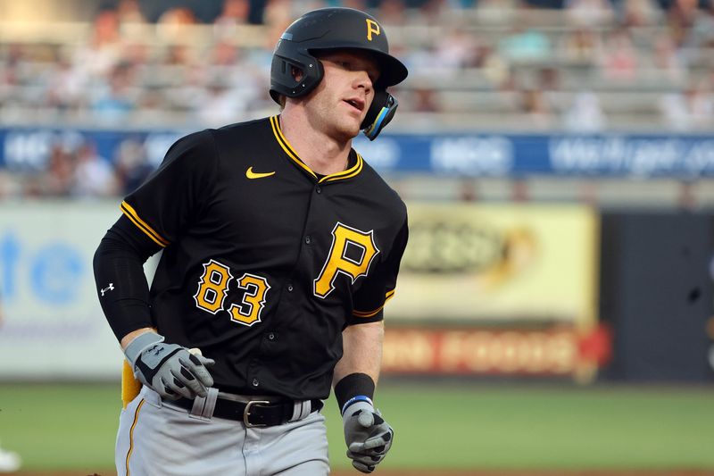 Mar 15, 2024; Tampa, Florida, USA; Pittsburgh Pirates infielder Jack Brannigan (83) runs thes base afterhitting a home run during the third inning against the New York Yankees at George M. Steinbrenner Field. Mandatory Credit: Kim Klement Neitzel-USA TODAY Sports
