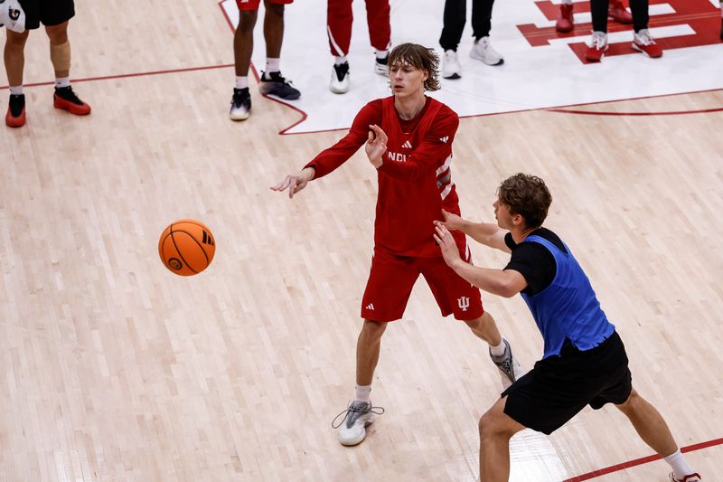 Indiana basketball freshman Vaughn Karvala looks to pass during a practice June 25, 2026.