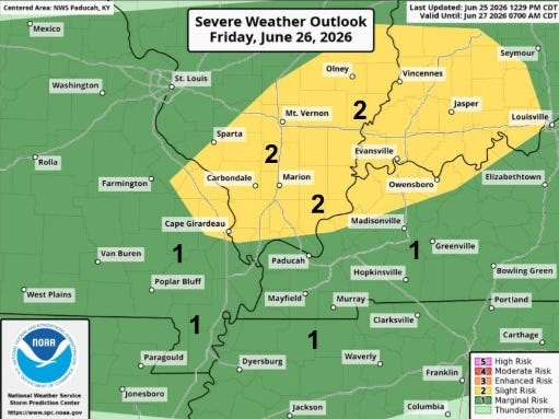 The Tri-State is in a "slight risk" area for severe weather on Friday, June 26, 2026.