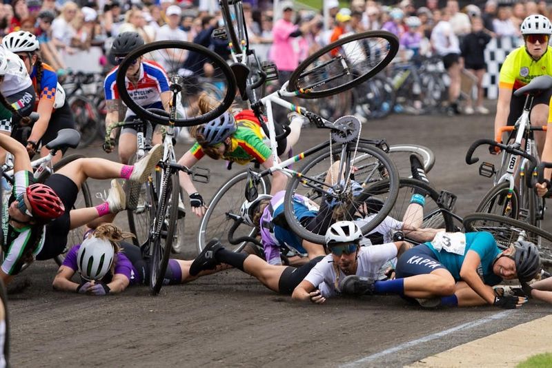 Little 500 riders crash into each other in the 2025 women's Little 500 on April 25, 2025, at Bill Armstrong Stadium in Bloomington. WSR placed eighth in the women's Little 500.
