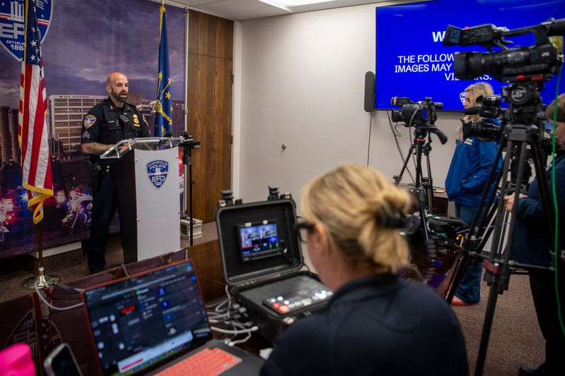 Evansville Police Department spokesman Sgt. Anthony Aussieker holds a press conference after Thursday’s officer-involved shooting in the 500 block of Colonial Avenue at EPD headquarters Friday, June 26, 2026.