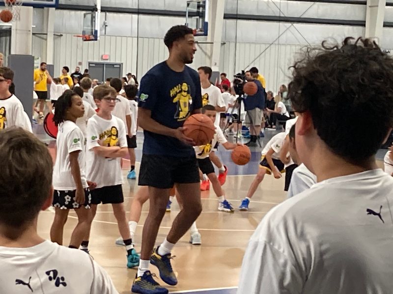 Tyrese Haliburton instructs players at his annual basketball camp at the Aletto Family Sports Complex on Saturday, June 27, 2026 in Carmel, Ind.