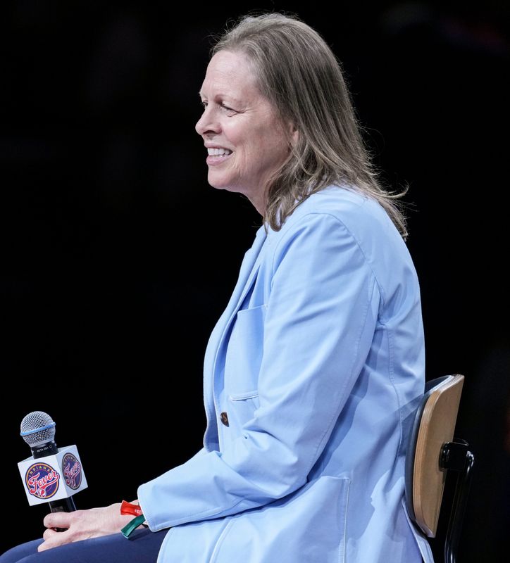Big East Commissioner Val Ackerman sits at half court on Saturday, June 27, 2026, during halftime of a game at Gainbridge Fieldhouse in Indianapolis.