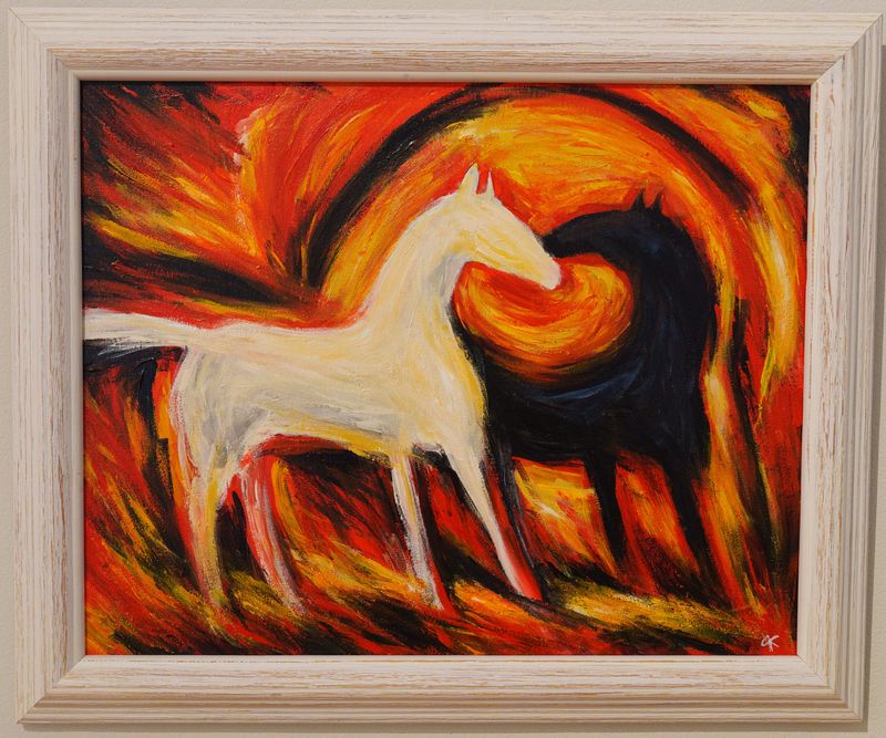 "Surrounded by Horses" by Phil Kwiecinski from South Bend on display at the "Around the Bend" exhibition at South Bend Museum of Art on Wednesday, July 1, 2026, in South Bend.