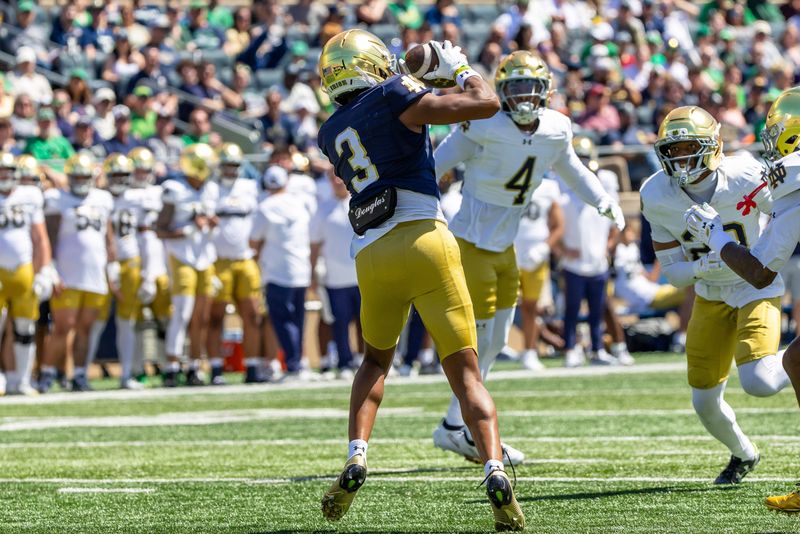 Apr 25, 2026; Notre Dame, IN, USA; Notre Dame Fighting Irish wide receiver Mylan Graham (3) makes a catch during the Blue-Gold game at Notre Dame Stadium. Mandatory Credit: Michael Caterina-Imagn Images