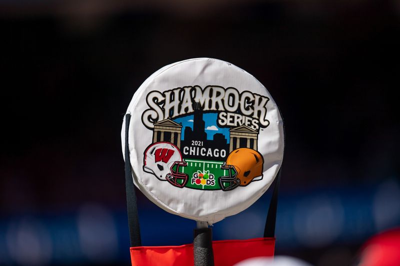 Sep 25, 2021; Chicago, Illinois, USA; The Shamrock Series logo is seen during a game between the Notre Dame Fighting Irish and the Wisconsin Badgers during the second half at Soldier Field. Mandatory Credit: Patrick Gorski-USA TODAY Sports