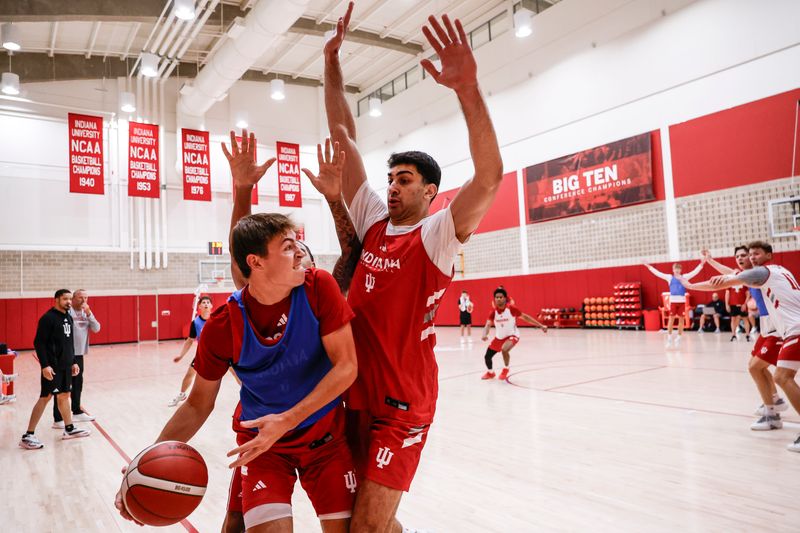 Indiana basketball center Samet Yigitoglu guards a ball-handler during practice at Cook Hall on July 7, 2026.