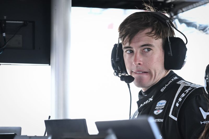 Marcus Armstrong of Meyer Shank Racing keeps an eye on data on the timing stand during NTT IndyCar Series testing Wednesday, July 8, 2026, at the Milwaukee Mile in West Allis, Wisconsin.
