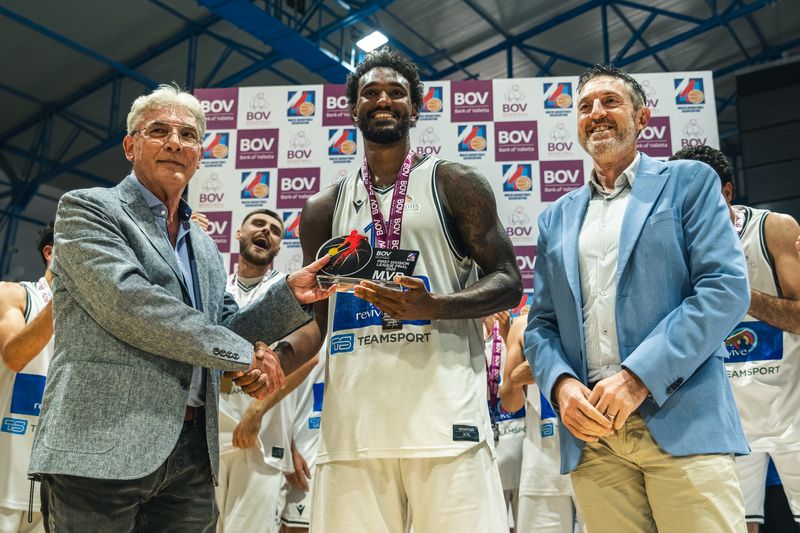 Bloomington North grad and former Ohio State and Charlotte standout Musa Jallow accepts the Super Finals MVP award after leading the Starlites to the championship of the Malta Basketball Association on May 6, 2026.