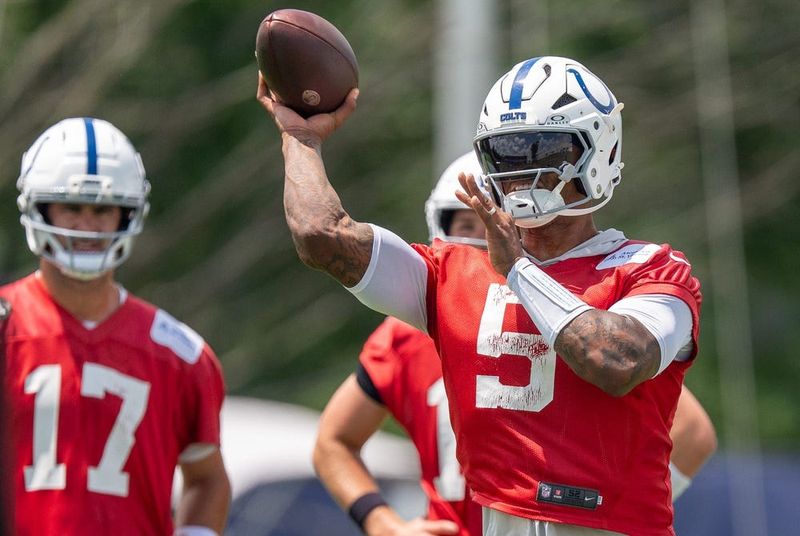 Indianapolis Colts quarterback Anthony Richardson Sr. (5) throws Wednesday, June 10, 2026, during minicamp at Indiana Farm Bureau Football Center in Indianapolis.