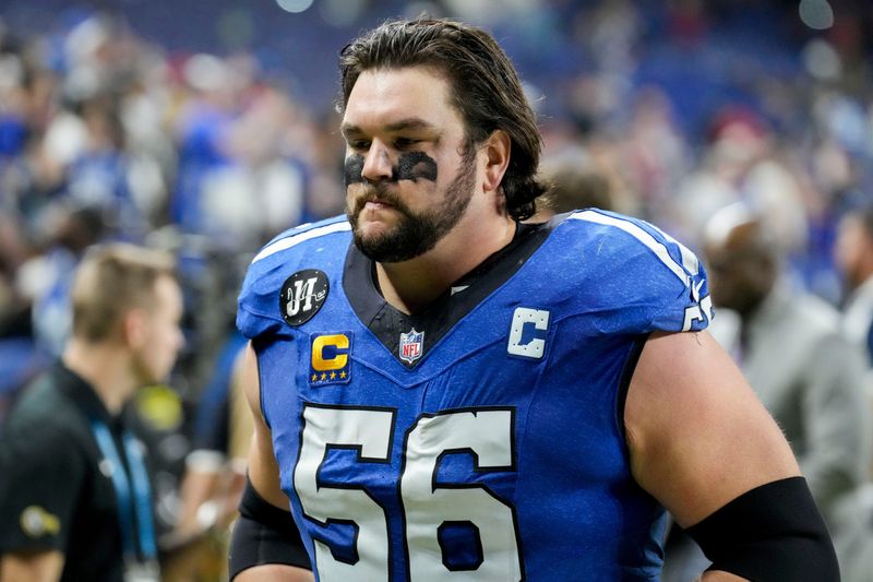 Indianapolis Colts guard Quenton Nelson (56) leaves the field Monday, Dec. 22, 2025, after losing a game against the San Francisco 49ers at Lucas Oil Stadium in Indianapolis.