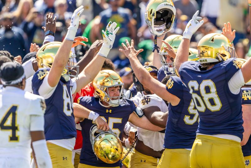 Apr 25, 2026; Notre Dame, IN, USA; Notre Dame Fighting Irish kicker Spencer Porath (35) celebrates kicking the final field goal during the Blue-Gold game at Notre Dame Stadium. Mandatory Credit: Michael Caterina-Imagn Images