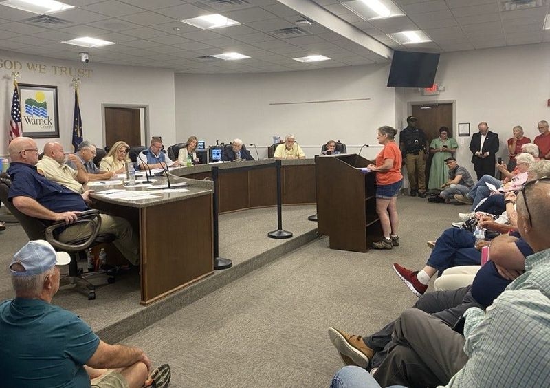 Members of the Warrick County Area Plan Commission listen to public comment on the proposed data center ordinance July 13, 2026, in Boonville, Indiana.