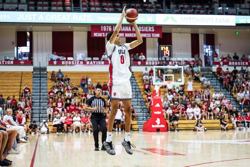 Indiana basketball forward Trevor Manhertz shoots a 3-pointer in an exhibition game against Collège Jean-de-Brébeuf at Assembly Hall on Wednesday, July 15, 2026.