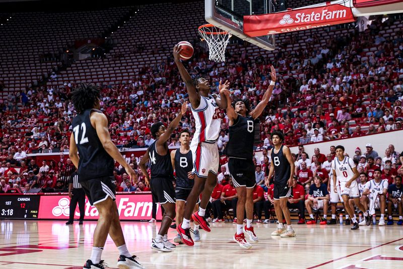 Indiana basketball forward Aiden Sherrell fights to get to the rim in an exhibition game against Collège Jean-de-Brébeuf at Assembly Hall on Wednesday, July 15, 2026.