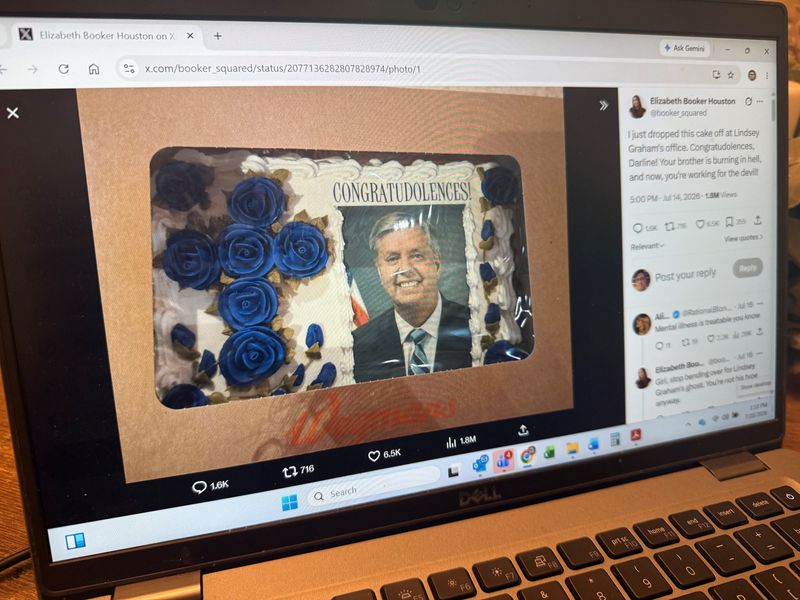 Federal and state lawmakers are calling for comedian and Indiana University adjunct law professor Elizabeth Booker Houston to lose her job after she delivered a "congratudolences" cake to Lindsey Graham's former Senate office following his recent death.