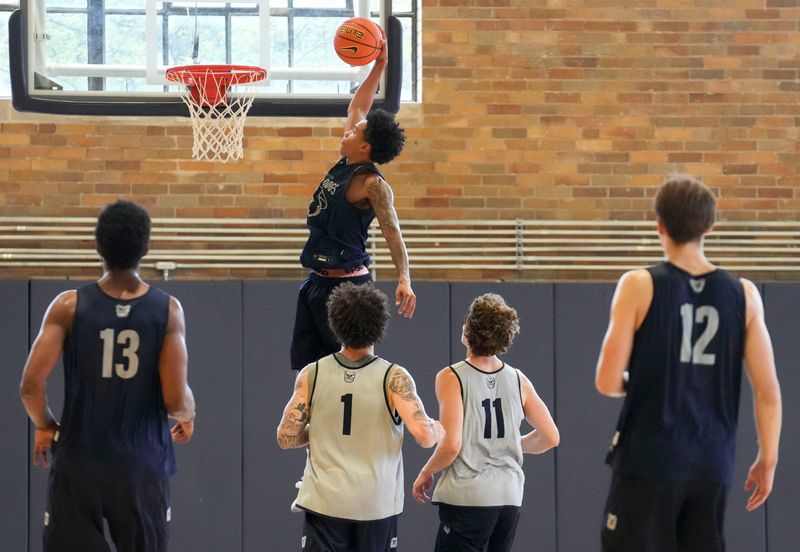 Butler Bulldogs guard Jordan Ellerbee (2) dunks the ball during summer practice Wednesday, July 22, 2026, at Hinkle Fieldhouse in Indianapolis.