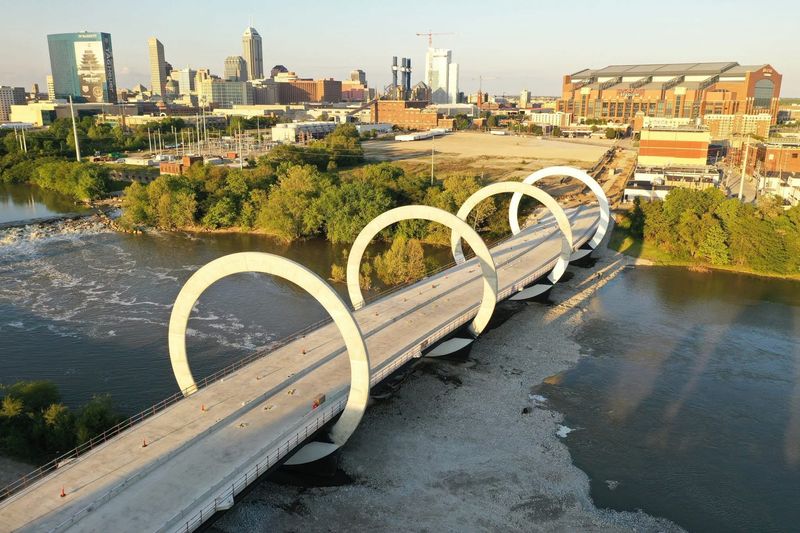 Rings are now visible encircling the Greenlawn Memorial Bridge, named after the city's original cemetery just southwest of downtown. The bridge spanning the White River will connect downtown Indianapolis to the White River Innovation District on the river's west side.